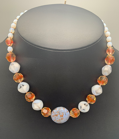 Necklace Set | Venetian perwinkle focal disk, ruby/topaz givre faceted rounds, pale blue givre, and opalescent vintage glass beads