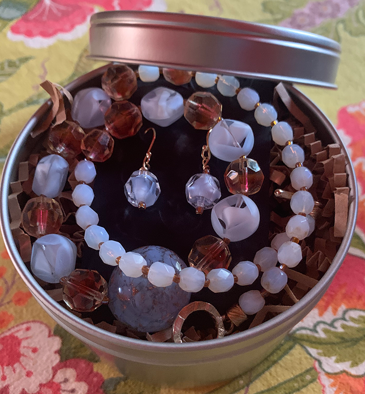 Necklace Set | Venetian perwinkle focal disk, ruby/topaz givre faceted rounds, pale blue givre, and opalescent vintage glass beads