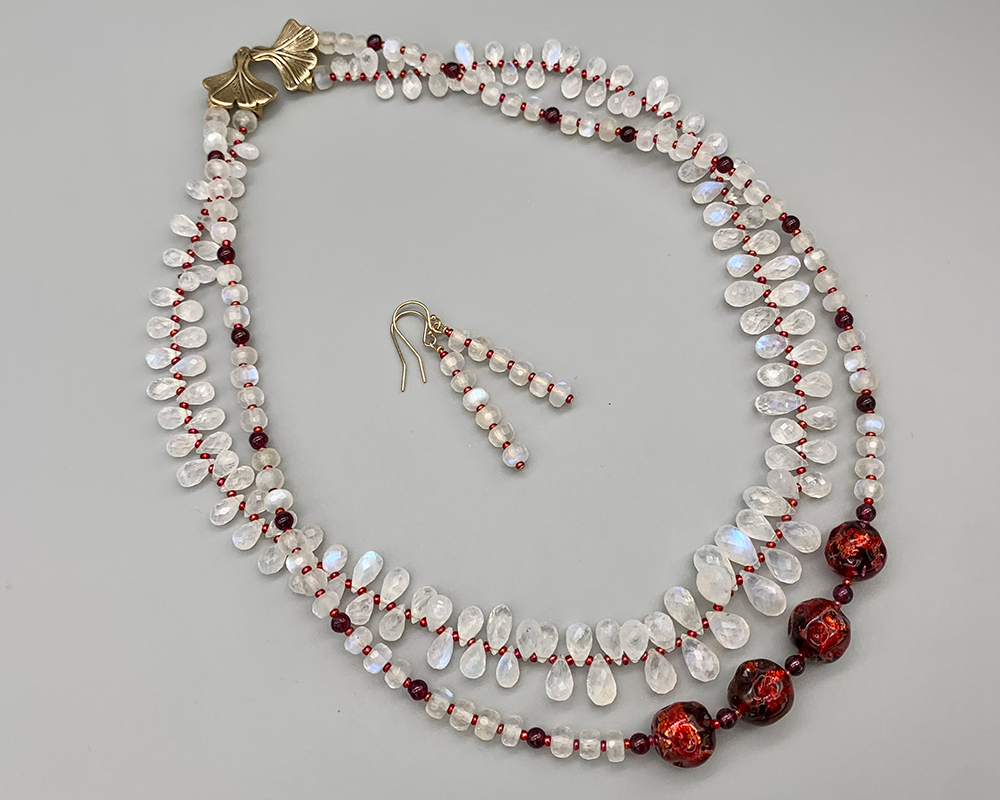 Necklace set | Double strand snow white faceted rainbow moonstone ruby red vintage Japanese lampwork bronze artisan clasp