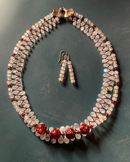 Necklace set | Double strand snow white faceted rainbow moonstone ruby red vintage Japanese lampwork bronze artisan clasp