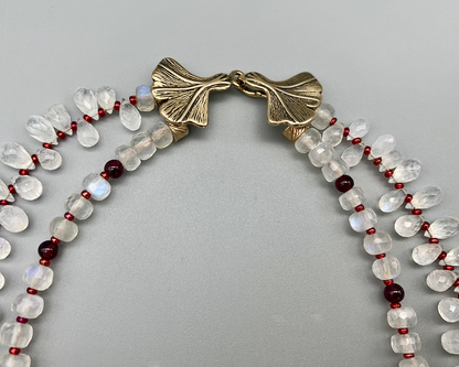 Necklace set | Double strand snow white faceted rainbow moonstone ruby red vintage Japanese lampwork bronze artisan clasp