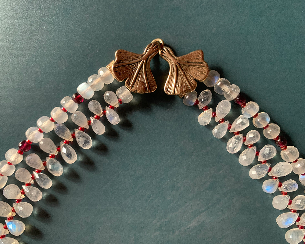 Necklace set | Double strand snow white faceted rainbow moonstone ruby red vintage Japanese lampwork bronze artisan clasp