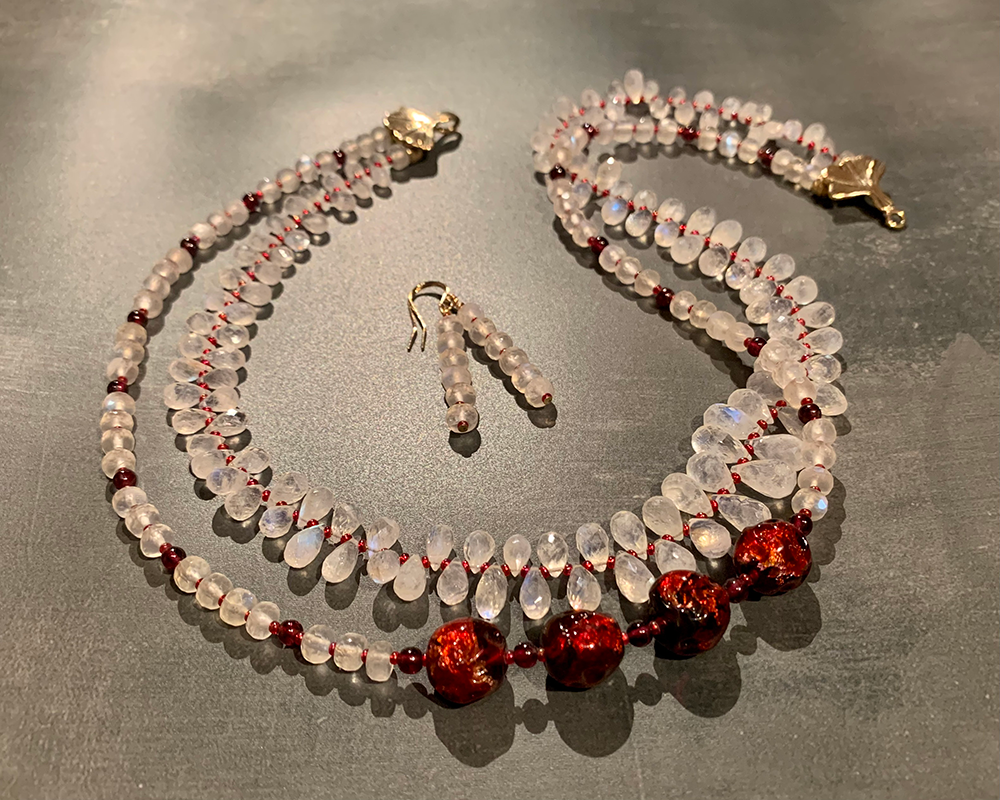 Necklace set | Double strand snow white faceted rainbow moonstone ruby red vintage Japanese lampwork bronze artisan clasp
