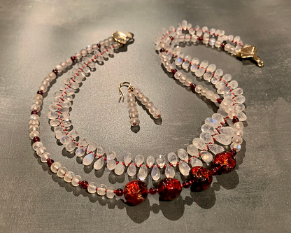 Necklace set | Double strand snow white faceted rainbow moonstone ruby red vintage Japanese lampwork bronze artisan clasp