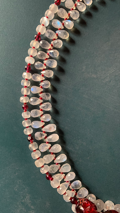 Necklace set | Double strand snow white faceted rainbow moonstone ruby red vintage Japanese lampwork bronze artisan clasp