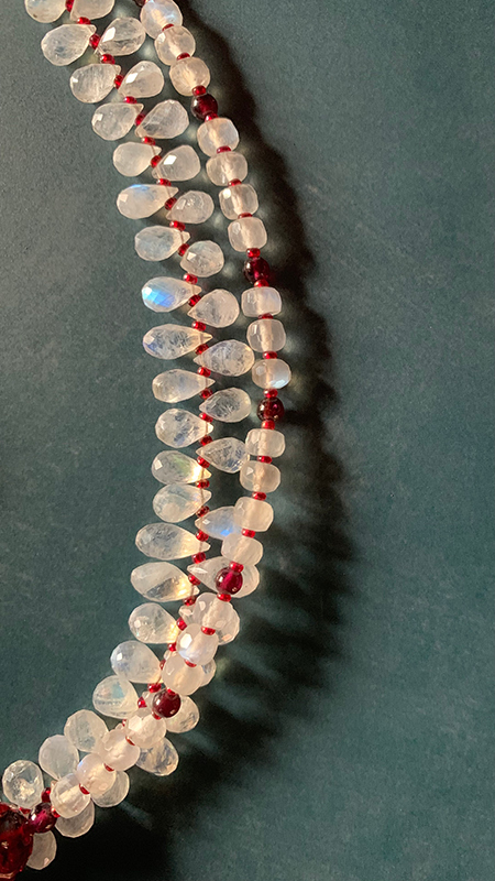Necklace set | Double strand snow white faceted rainbow moonstone ruby red vintage Japanese lampwork bronze artisan clasp