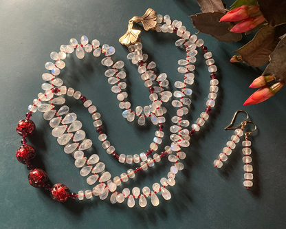 Necklace set | Double strand snow white faceted rainbow moonstone ruby red vintage Japanese lampwork bronze artisan clasp