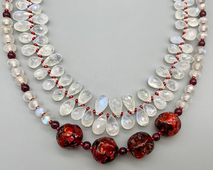 Necklace set | Double strand snow white faceted rainbow moonstone ruby red vintage Japanese lampwork bronze artisan clasp
