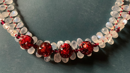 Necklace set | Double strand snow white faceted rainbow moonstone ruby red vintage Japanese lampwork bronze artisan clasp