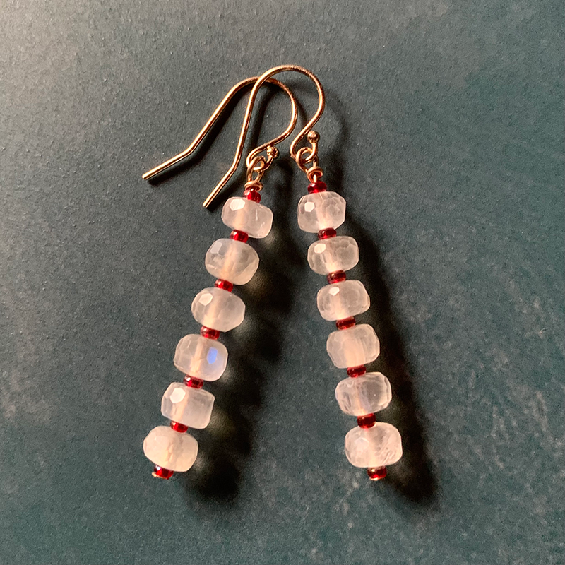 Necklace set | Double strand snow white faceted rainbow moonstone ruby red vintage Japanese lampwork bronze artisan clasp