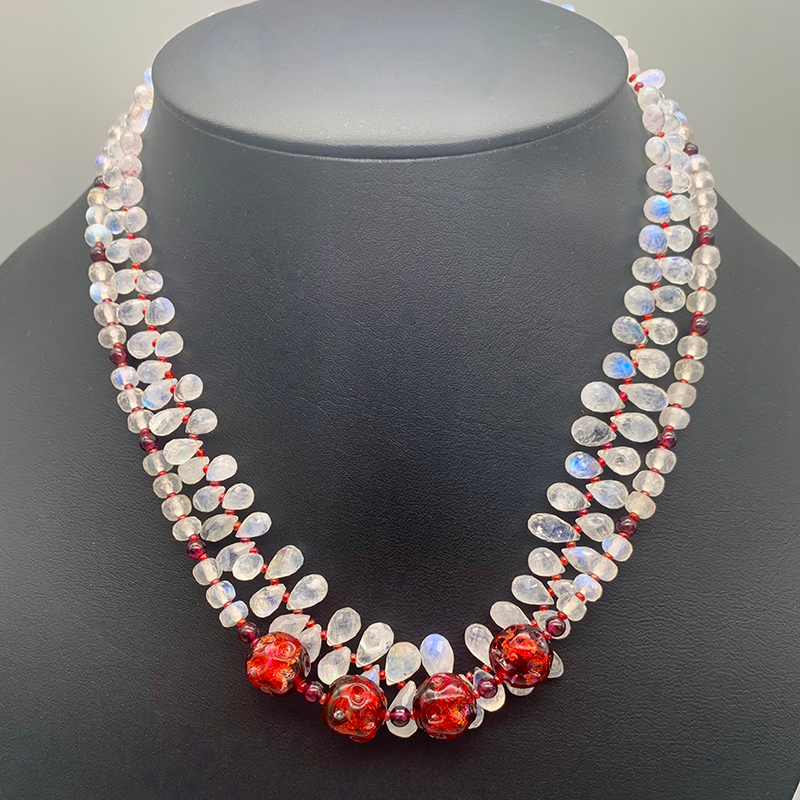 Necklace set | Double strand snow white faceted rainbow moonstone ruby red vintage Japanese lampwork bronze artisan clasp