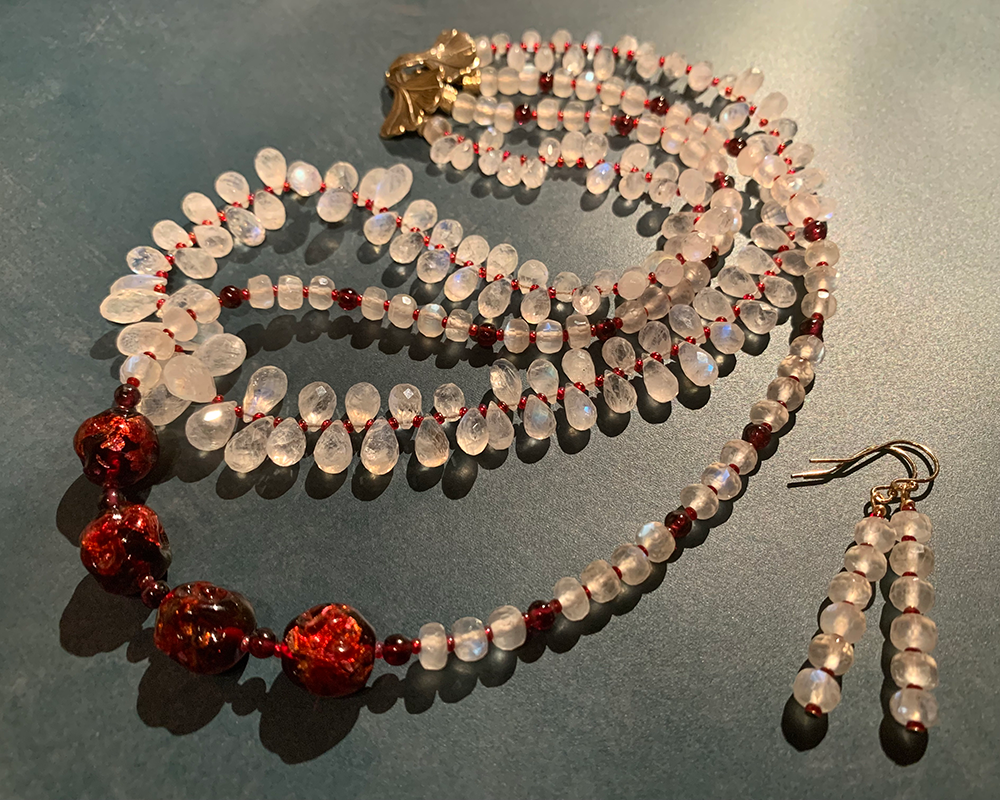 Necklace set | Double strand snow white faceted rainbow moonstone ruby red vintage Japanese lampwork bronze artisan clasp