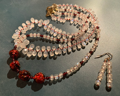 Necklace set | Double strand snow white faceted rainbow moonstone ruby red vintage Japanese lampwork bronze artisan clasp
