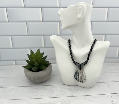 Beaded Necklace with White Marble Pendant, Herringbone Stitch, 19 Inch