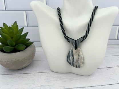 Beaded Necklace with White Marble Pendant, Herringbone Stitch, 19 Inch