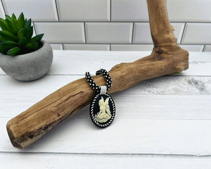 Fairy Cameo Pendant Necklace, Chenille Stitch Beaded Necklace, 18 Inch