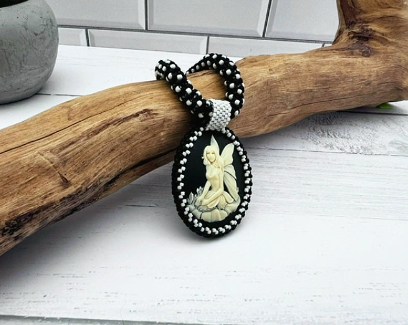 Fairy Cameo Pendant Necklace, Chenille Stitch Beaded Necklace, 18 Inch
