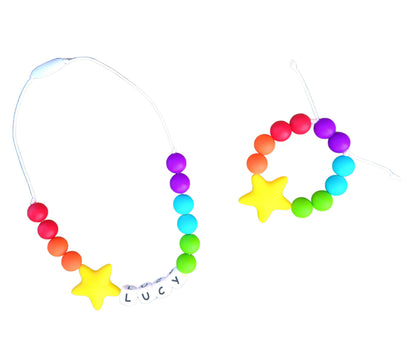 Kids Personalized Name Rainbow Star Necklace made from Silicone Beads