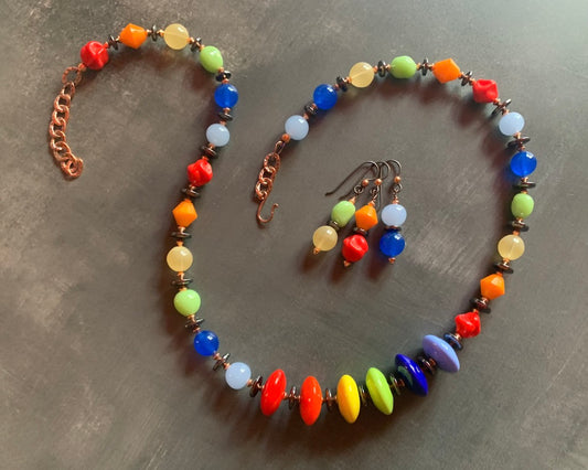 Necklace set | Rainbow colors artisan lampwork rondelles vintage glass beads