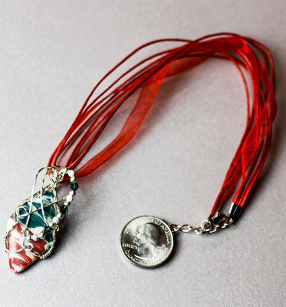 Red Green Marble Wire Wrapped Pendant