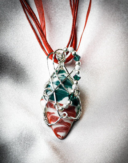 Red Green Marble Wire Wrapped Pendant