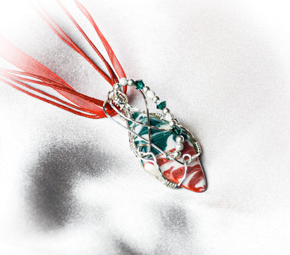 Red Green Marble Wire Wrapped Pendant