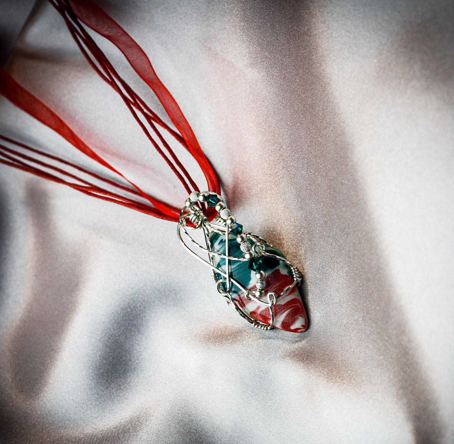Red Green Marble Wire Wrapped Pendant