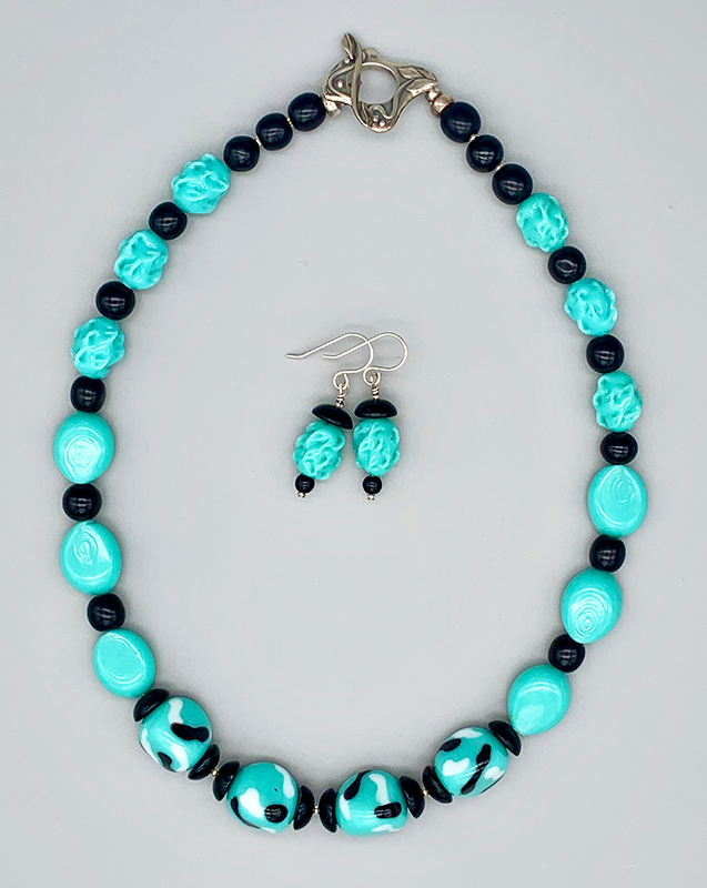 Necklace Set | Mid-century aqua/turquoise and black palette, Cherry Brand and other vintage glass beads