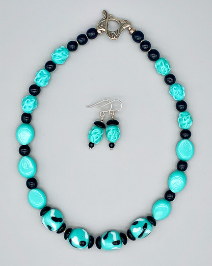 Necklace Set | Mid-century aqua/turquoise and black palette, Cherry Brand and other vintage glass beads