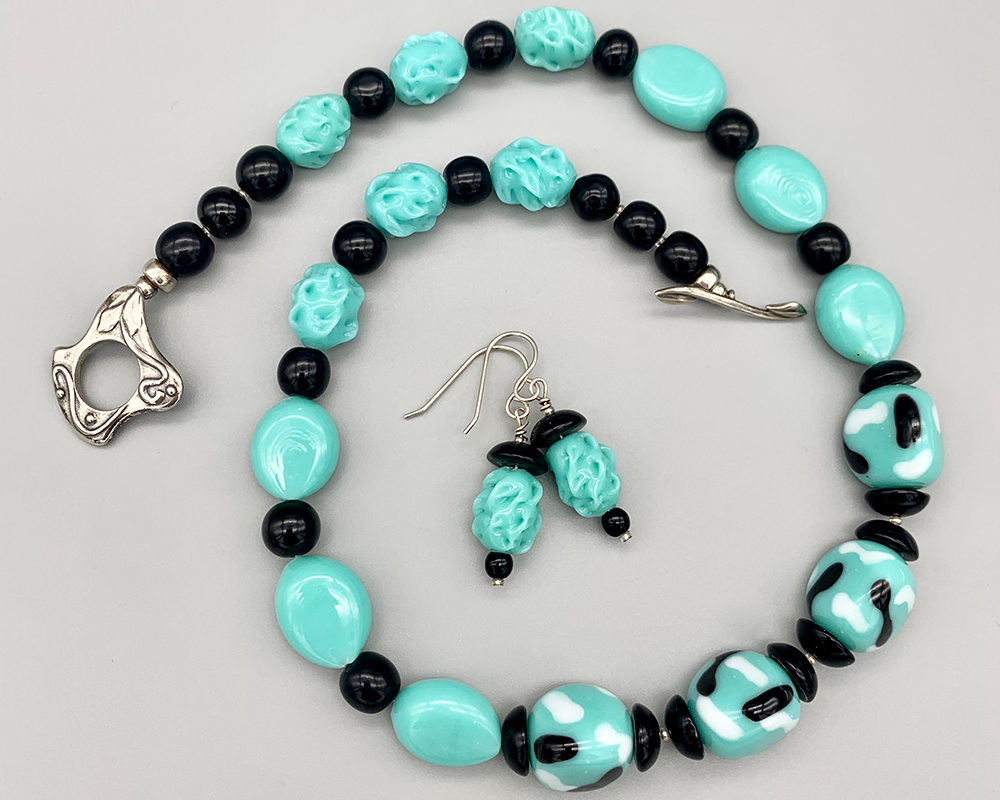 Necklace Set | Mid-century aqua/turquoise and black palette, Cherry Brand and other vintage glass beads