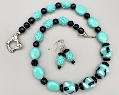 Necklace Set | Mid-century aqua/turquoise and black palette, Cherry Brand and other vintage glass beads