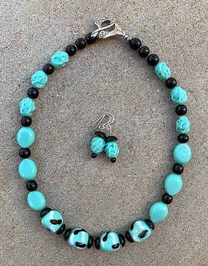 Necklace Set | Mid-century aqua/turquoise and black palette, Cherry Brand and other vintage glass beads