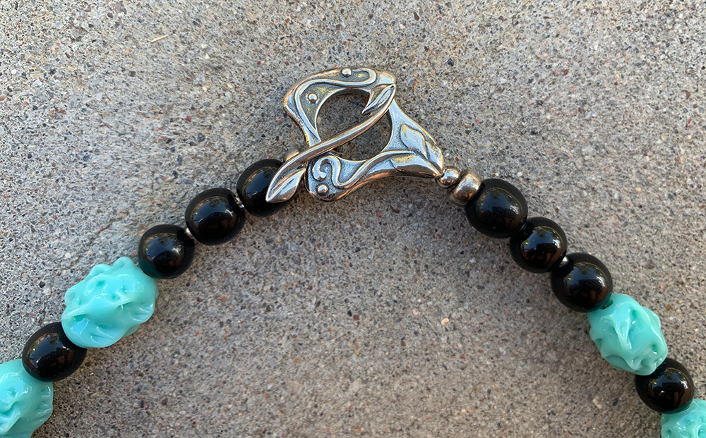 Necklace Set | Mid-century aqua/turquoise and black palette, Cherry Brand and other vintage glass beads