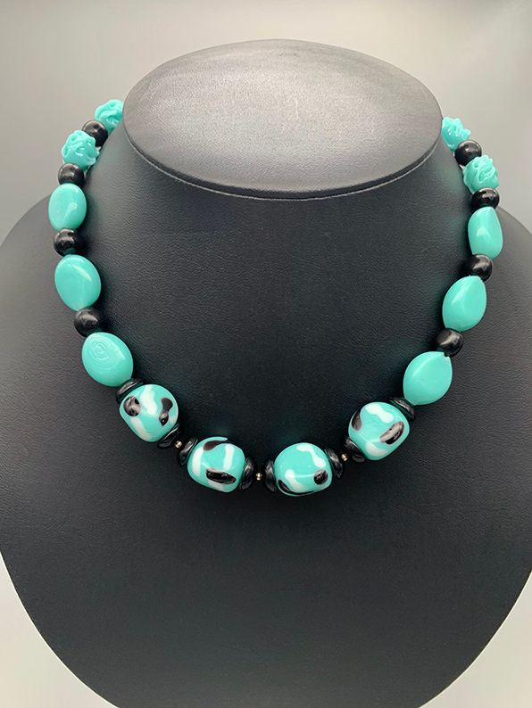 Necklace Set | Mid-century aqua/turquoise and black palette, Cherry Brand and other vintage glass beads