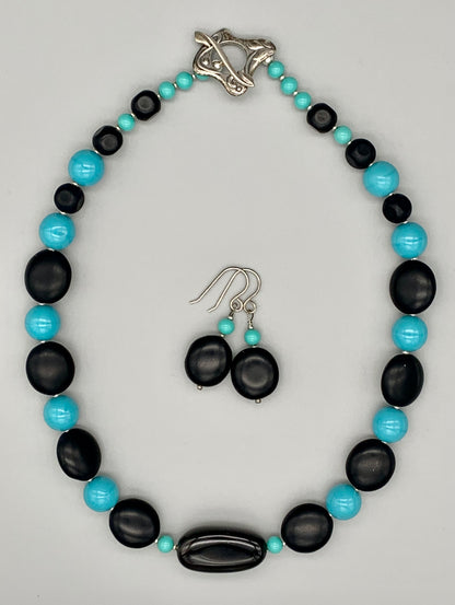 Necklace Set | Vintage Japanese turquoise-blue rounds, black matte tablets and pinched rounds
