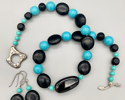 Necklace Set | Vintage Japanese turquoise-blue rounds, black matte tablets and pinched rounds