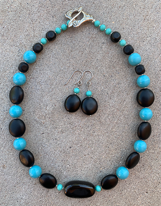 Necklace Set | Vintage Japanese turquoise-blue rounds, black matte tablets and pinched rounds