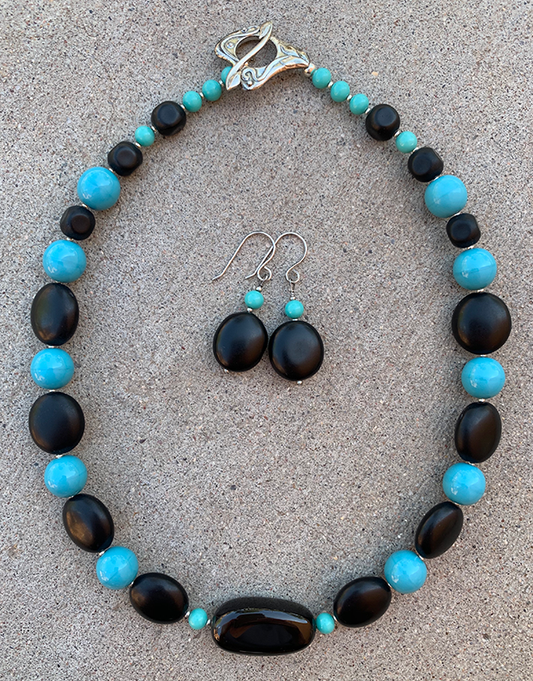 Necklace Set | Vintage Japanese turquoise-blue rounds, black matte tablets and pinched rounds