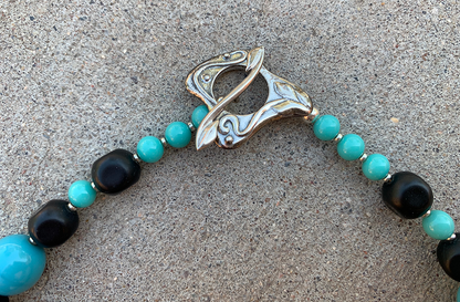 Necklace Set | Vintage Japanese turquoise-blue rounds, black matte tablets and pinched rounds