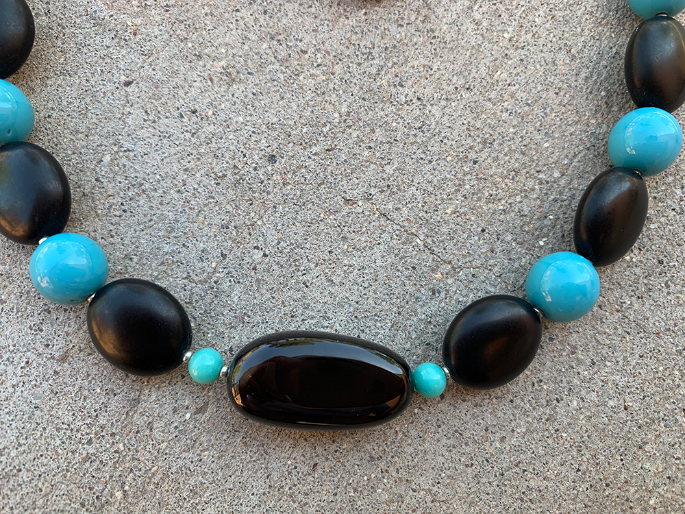 Necklace Set | Vintage Japanese turquoise-blue rounds, black matte tablets and pinched rounds