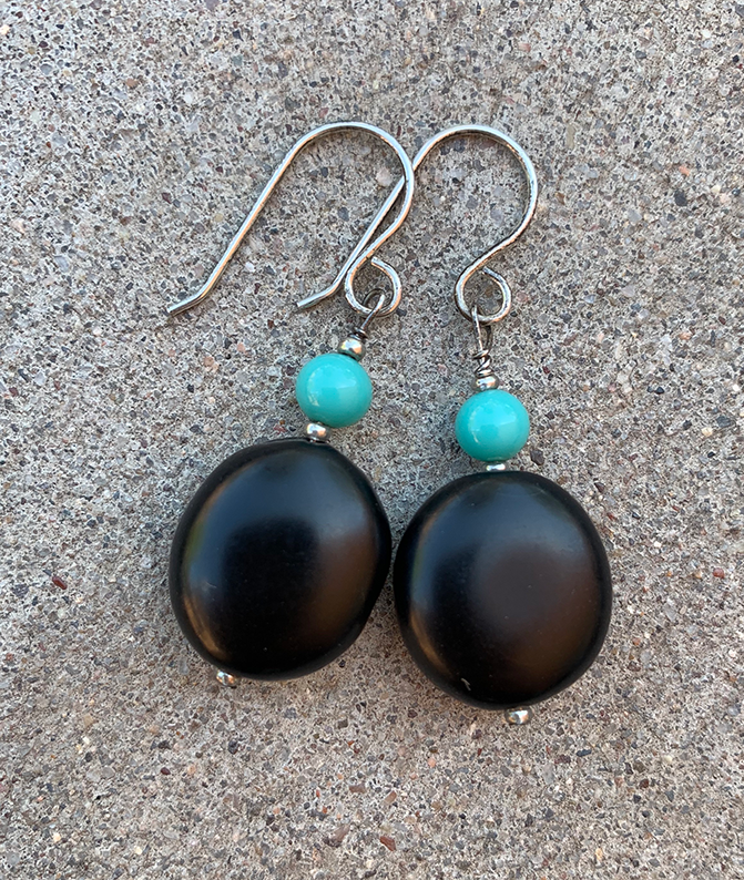 Necklace Set | Vintage Japanese turquoise-blue rounds, black matte tablets and pinched rounds