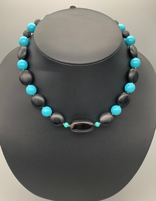 Necklace Set | Vintage Japanese turquoise-blue rounds, black matte tablets and pinched rounds