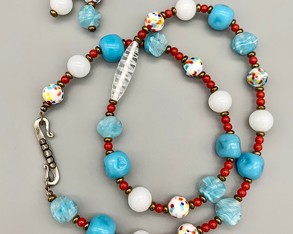 Necklace Set | Back-to-the-60s design using mid-century beads in aqua, coral, white