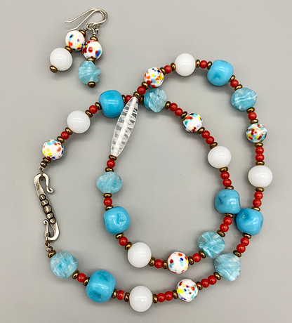 Necklace Set | Back-to-the-60s design using mid-century beads in aqua, coral, white