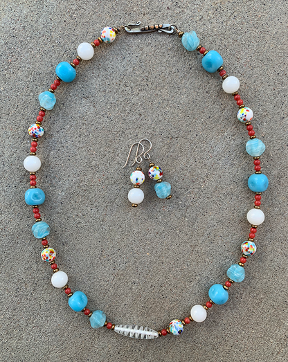 Necklace Set | Back-to-the-60s design using mid-century beads in aqua, coral, white