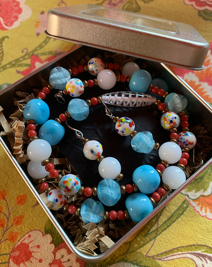 Necklace Set | Back-to-the-60s design using mid-century beads in aqua, coral, white