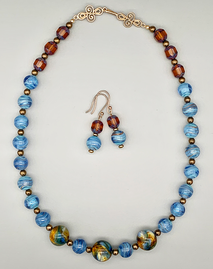 Necklace Set | Cherry Brand blue/gold givre rounds, German marbled lampwork
