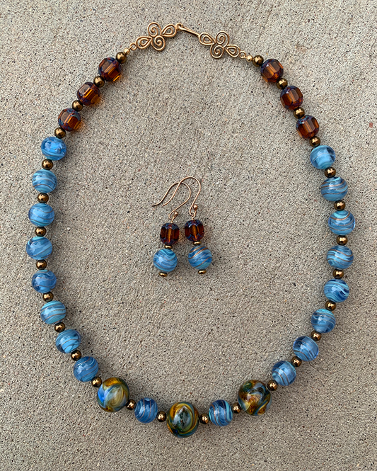 Necklace Set | Cherry Brand blue/gold givre rounds, German marbled lampwork
