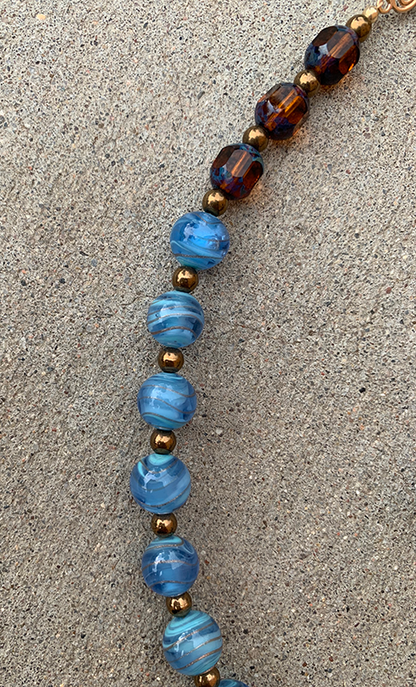 Necklace Set | Cherry Brand blue/gold givre rounds, German marbled lampwork