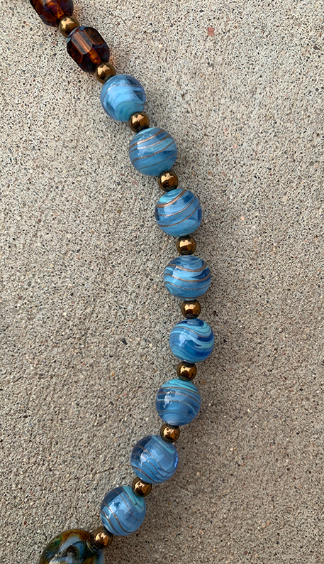 Necklace Set | Cherry Brand blue/gold givre rounds, German marbled lampwork